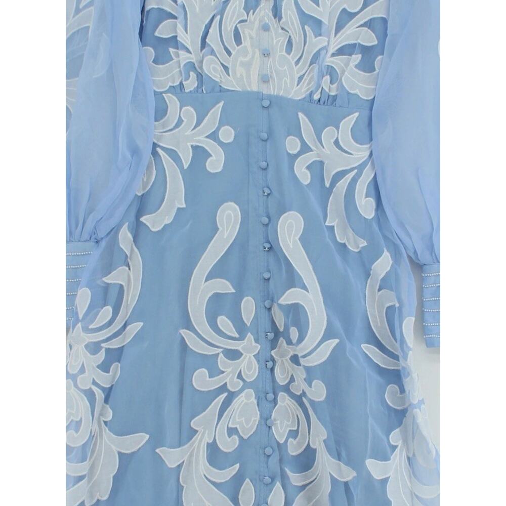 NWT Karen Millen Blue Applique Organza Buttoned Midi Dress Balloon Sleeves 12 - Picture 5 of 8